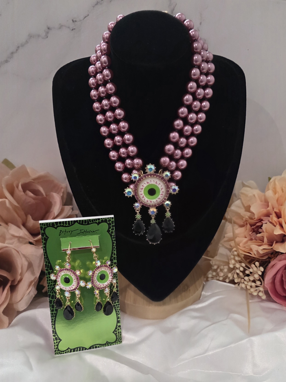 Betsey Johnson Pink Pearl Statement Necklace & Earrings Set